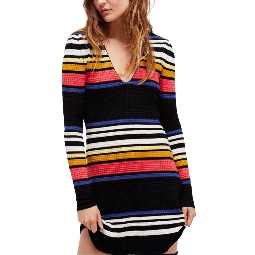 NWT FP Gadget Dress knit waffle ribbed textured long sleeve striped Small black